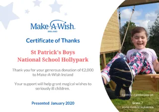 Make a Wish - Certificate of Thanks to St Patrick's Boys National School