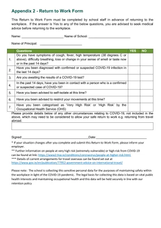 Appendix 2 - Return to Work Form