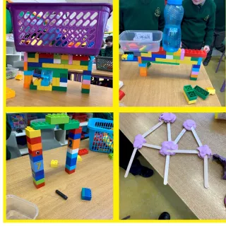 The boys in Ms Ryan's junior infants really enjoyed building bridges using lots of different shapes. They tested how strong their bridges were. They built very very strong bridges!