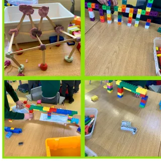 The boys in Ms Ryan's junior infants really enjoyed building bridges using lots of different shapes. They tested how strong their bridges were. They built very very strong bridges!